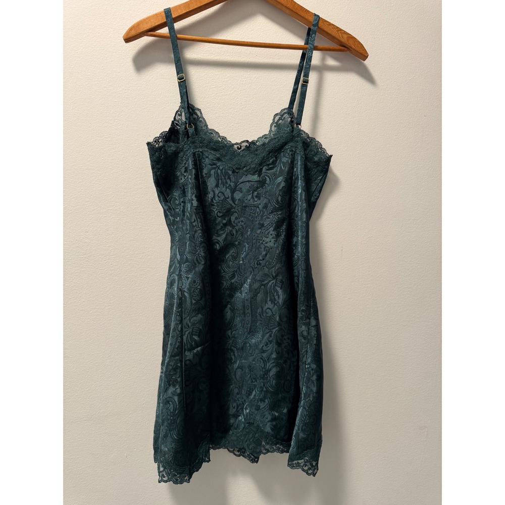 Vintage Victoria's Secret Gold Label Emerald Green Paisley Satin Lace Slip Dress - Picture 3 of 5